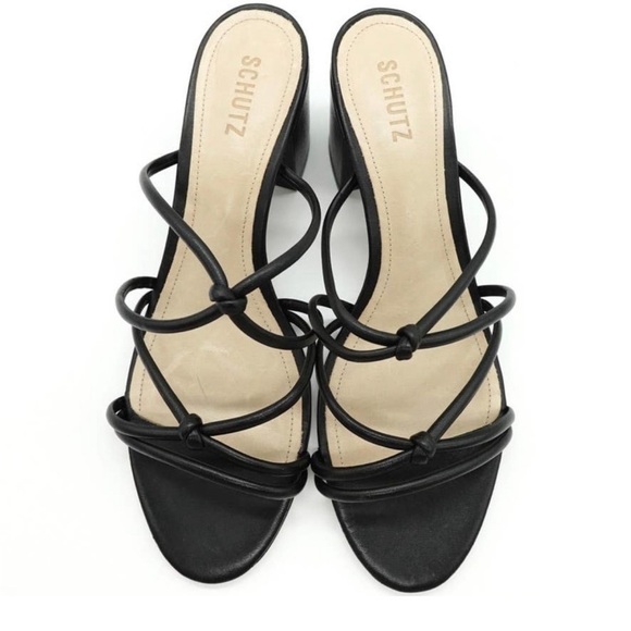 SCHUTZ Princey Strappy Sandal Womens 9.5 Black Knotted Block Heel Slide Slip On - Picture 3 of 11